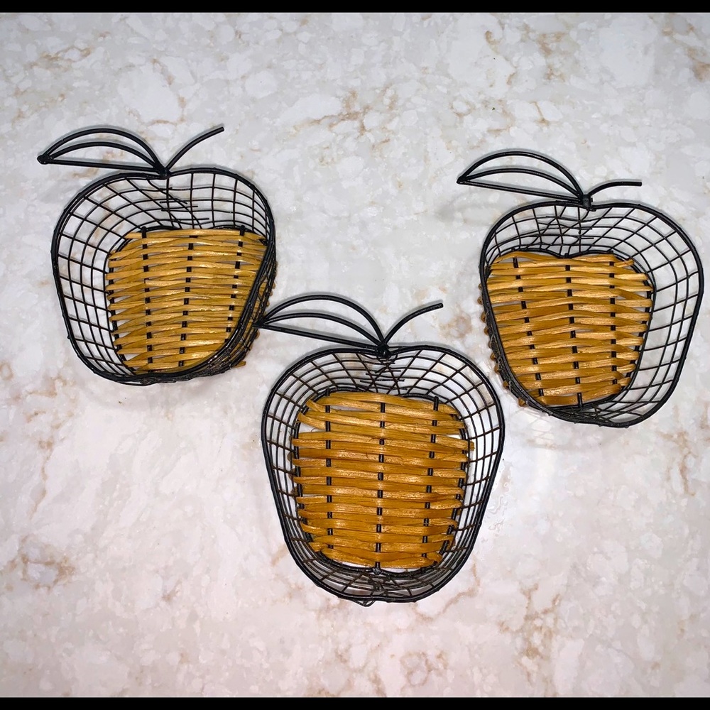 3 small metal and wicker apple baskets